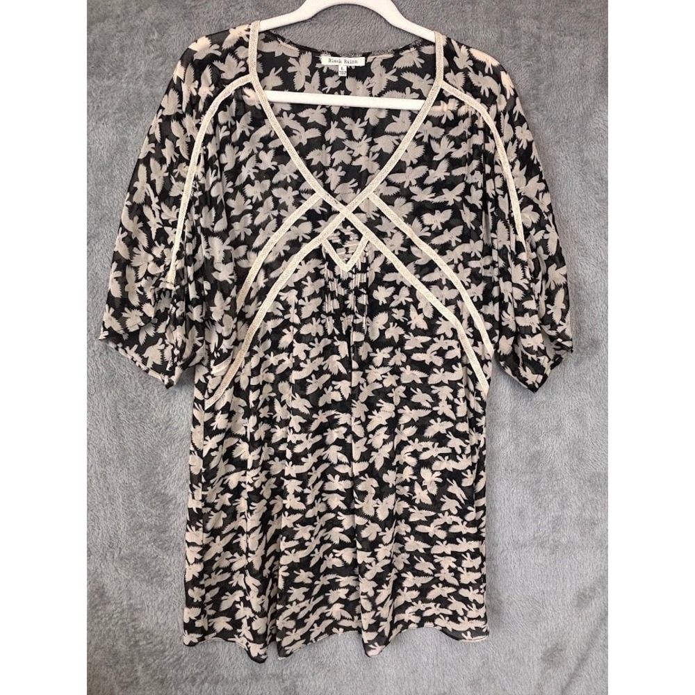 Black Rainn Women Bird Print Chiffon Tunic Top Black White Boho Lace Trim Large‎